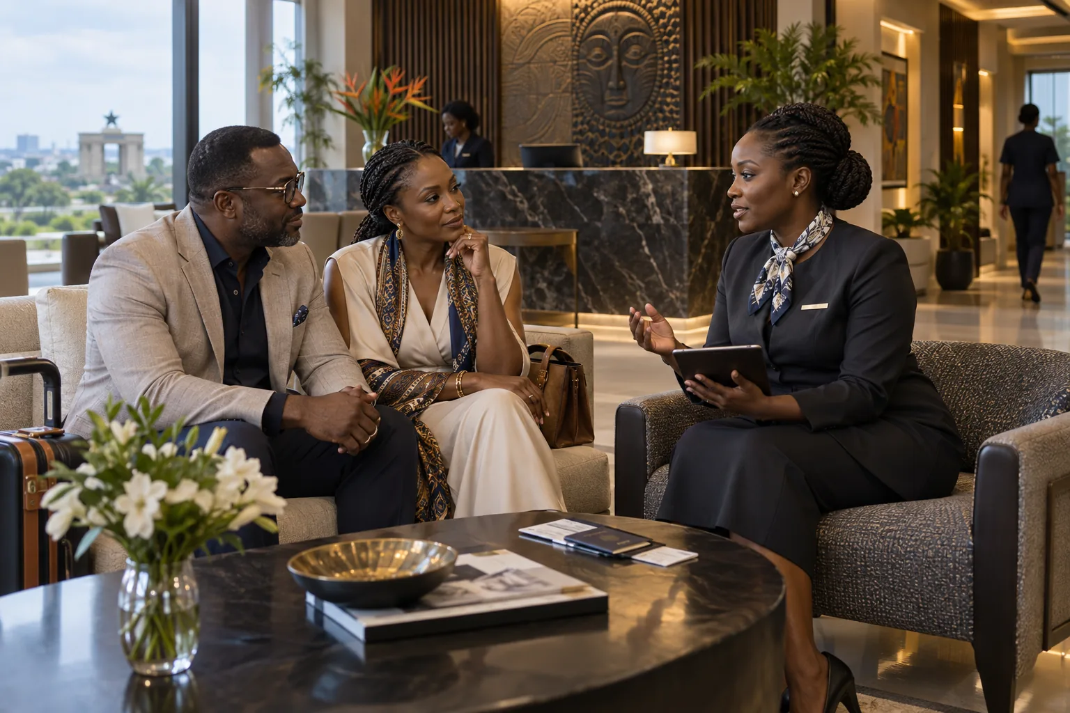 Black African couple receiving international concierge support