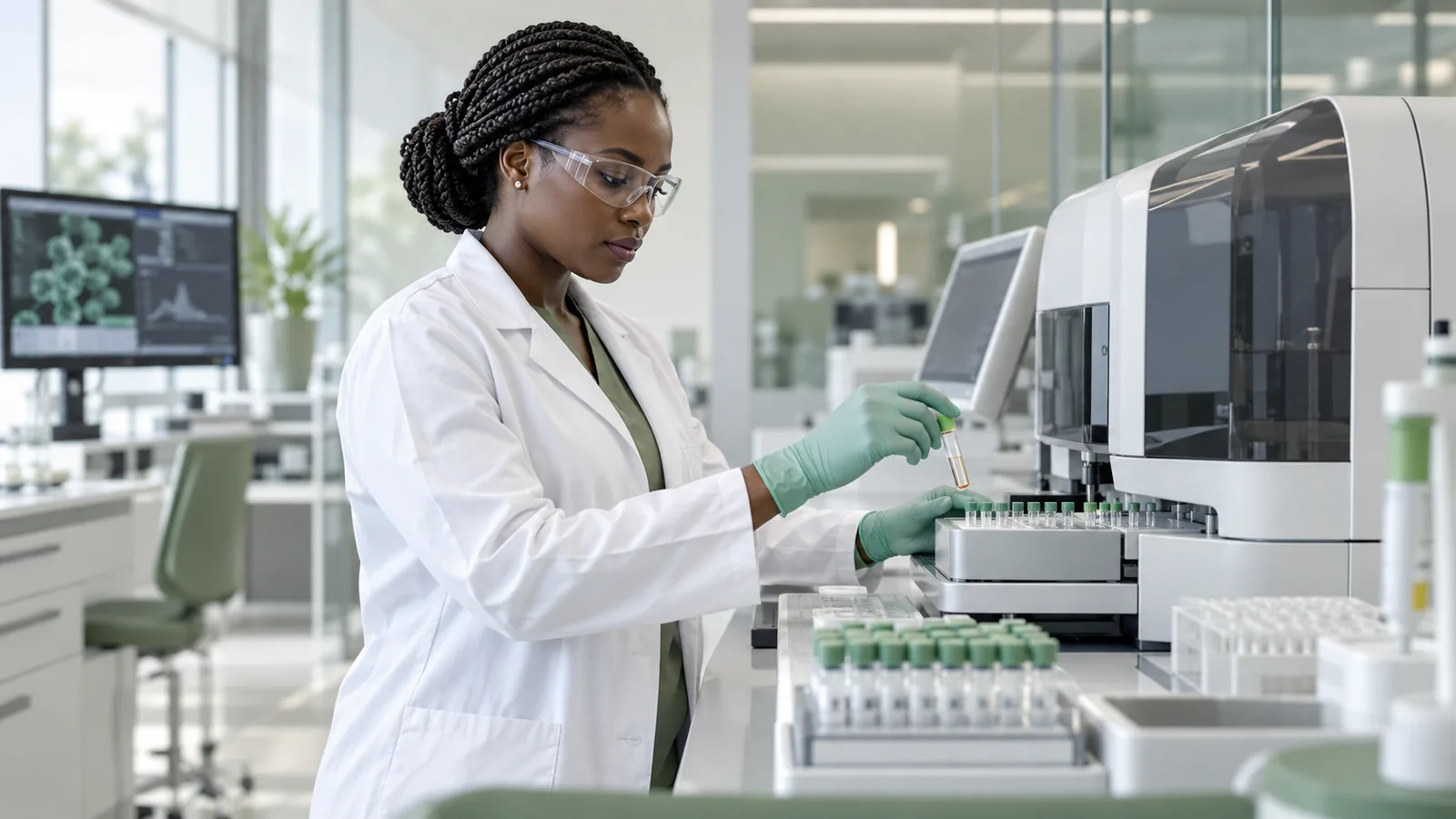 Black African laboratory scientist conducting diagnostic testing