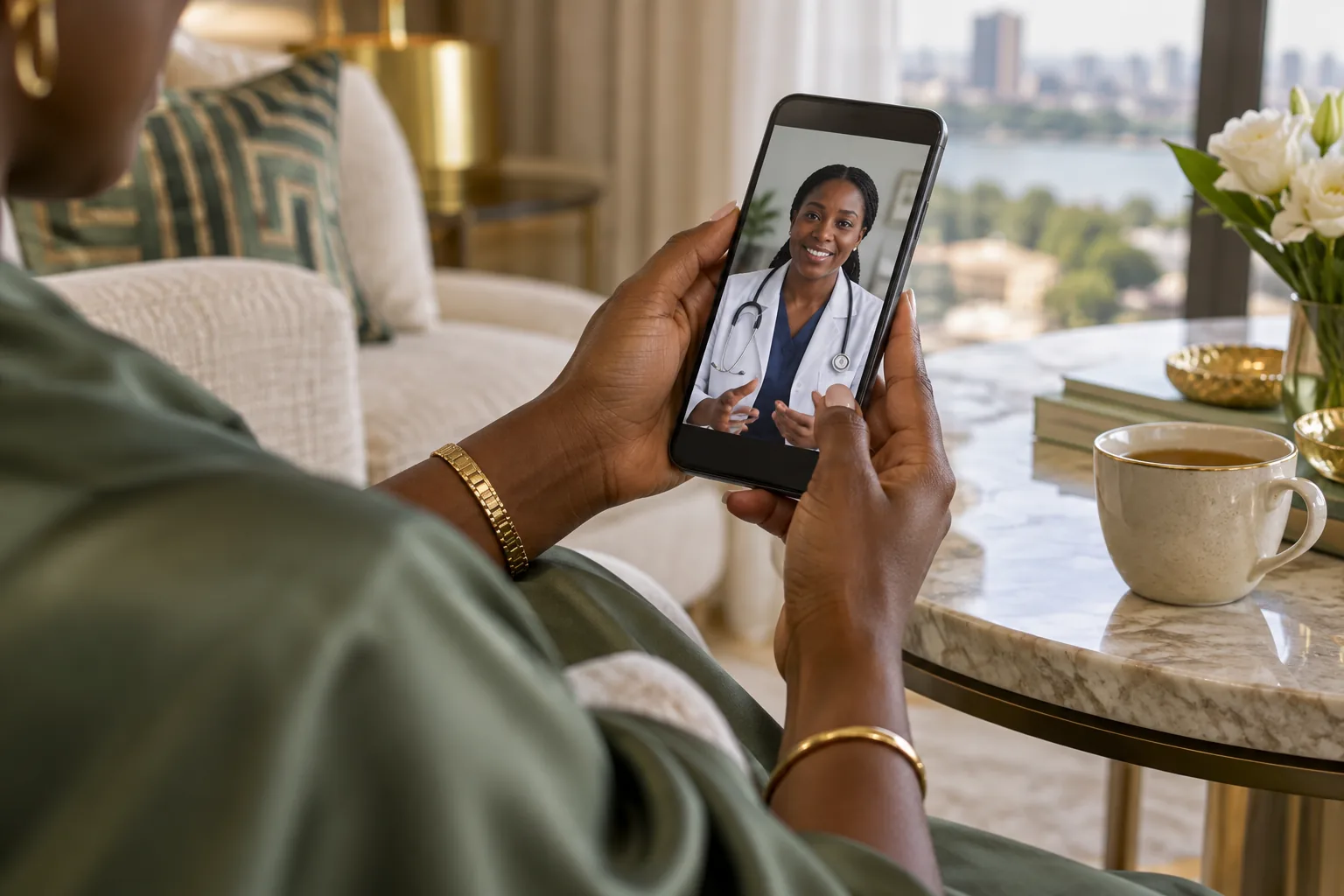 Black African hands booking healthcare on a phone