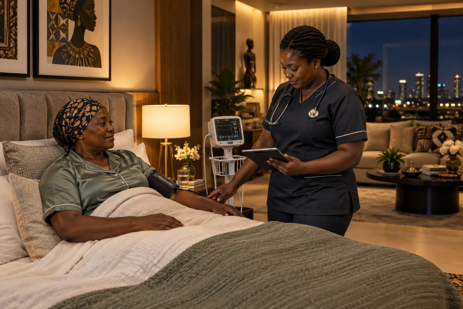 Black Ghanaian nurse providing discreet overnight care in a premium Accra home